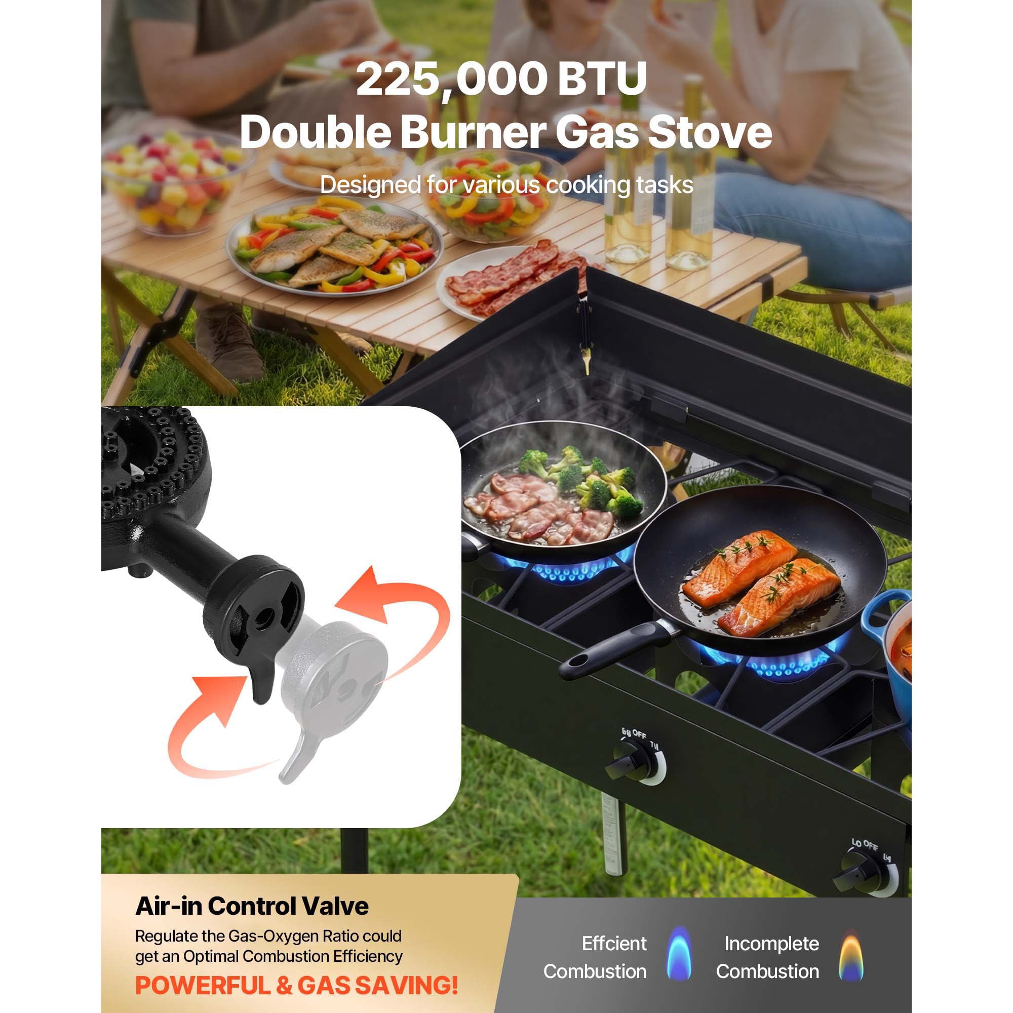 KFFKFF 3-Burner Outdoor Propane Gas Stove, 225,000 BTU LPG Camping Cooker, Durable Carbon Steel Design with Shield, Tall Stand, and Regulator, Ideal for BBQs, Camping, Patios, and Backyards