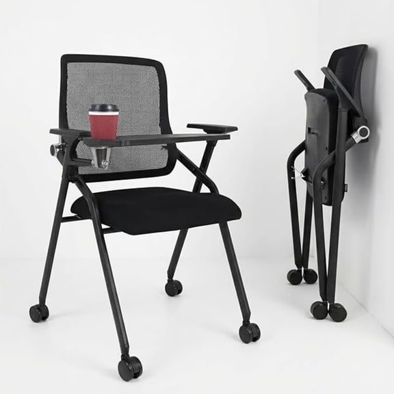 BLANEDUO Folding Chair with Tablet Arm Foldable Conference Room Chair with Lumbar Support and Wheels for Office Meeting Training 1 Pack