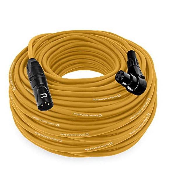 Balanced XLR Cable Male to Right Angle Female - 75 Feet Yellow - Pro 3-Pin Microphone Connector for Powered Speakers, Audio Interface or Mixer for Live Performance & Recording