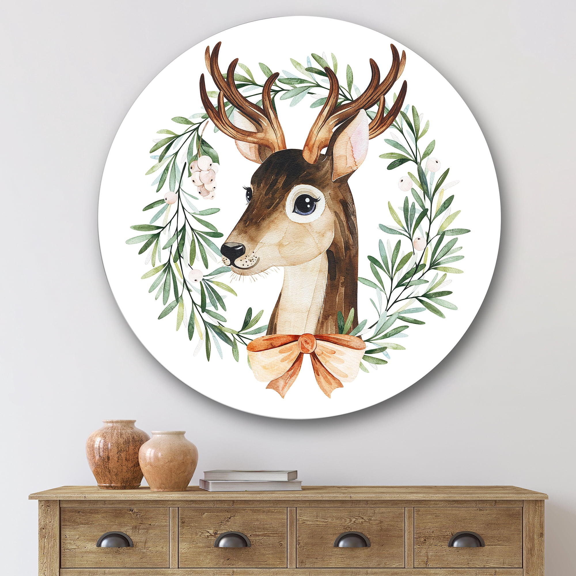 Designart 'Floral Wreath Isolated On White Over Deer' Farmhouse Circle Metal Wall Art 29x29 - Disc of 29