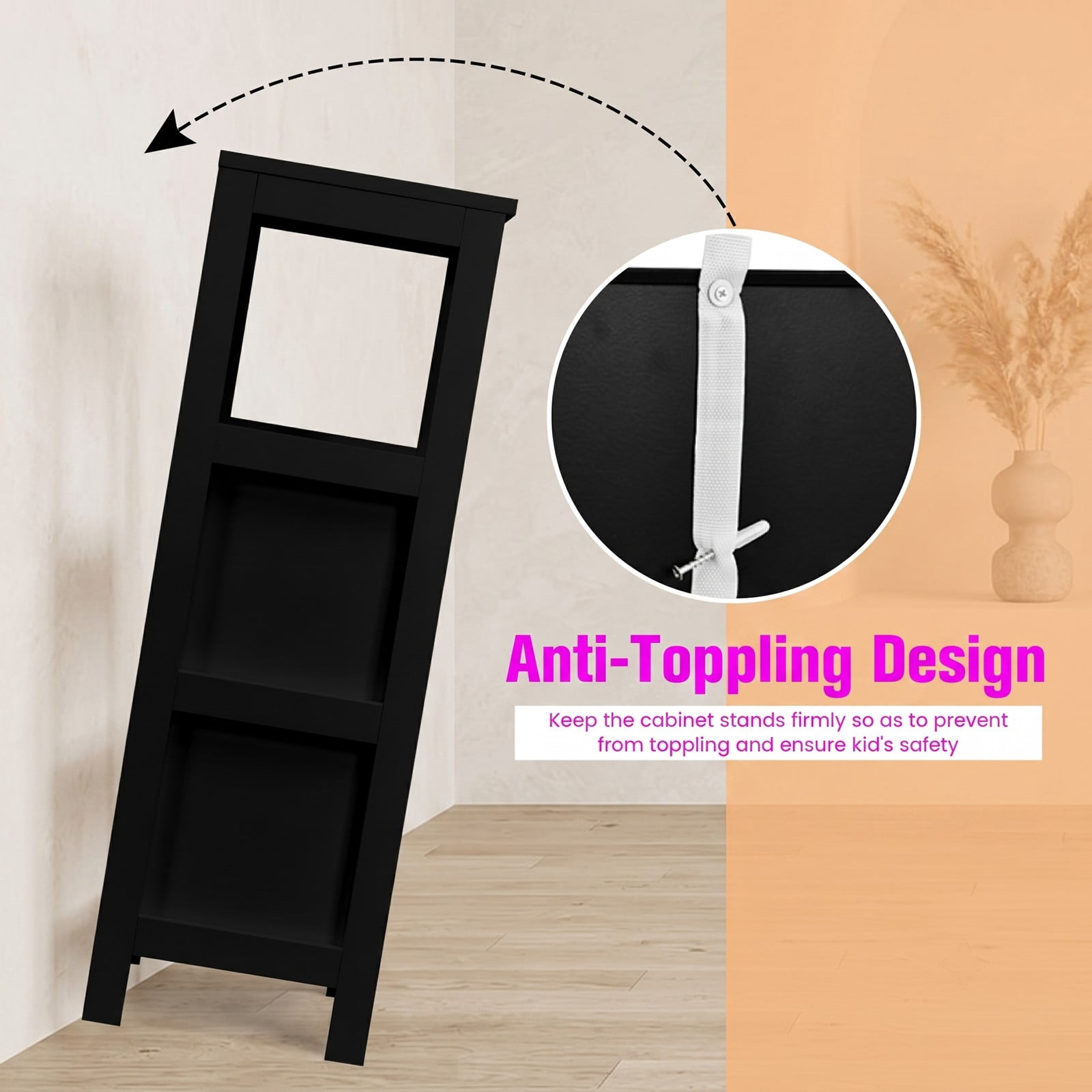 ALPULON Bathroom Wooden Floor Cabinet Multifunction Storage Rack Organizer, Freestanding Storage Stand with 2 Drawers and 3 Open Shelves for Living Room Bedroom, Black
