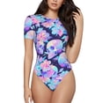 thumbnail image 2 of Goofa pinkk flower crystal Skull Printed Women Rash Guard Short Sleeve,Tummy control Swimsuit Surfing Swimsuit Bathing Suit One Piece Swimsuit UPF 50-Large, 2 of 9
