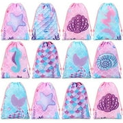 12 Pcs Mermaid Drawstring Backpack Bulk Mermaid Party Favor Bags Candy Gifts Treat Bags for Birthday Party Supplies Fish Scales Under the Sea Ocean Theme Decoration