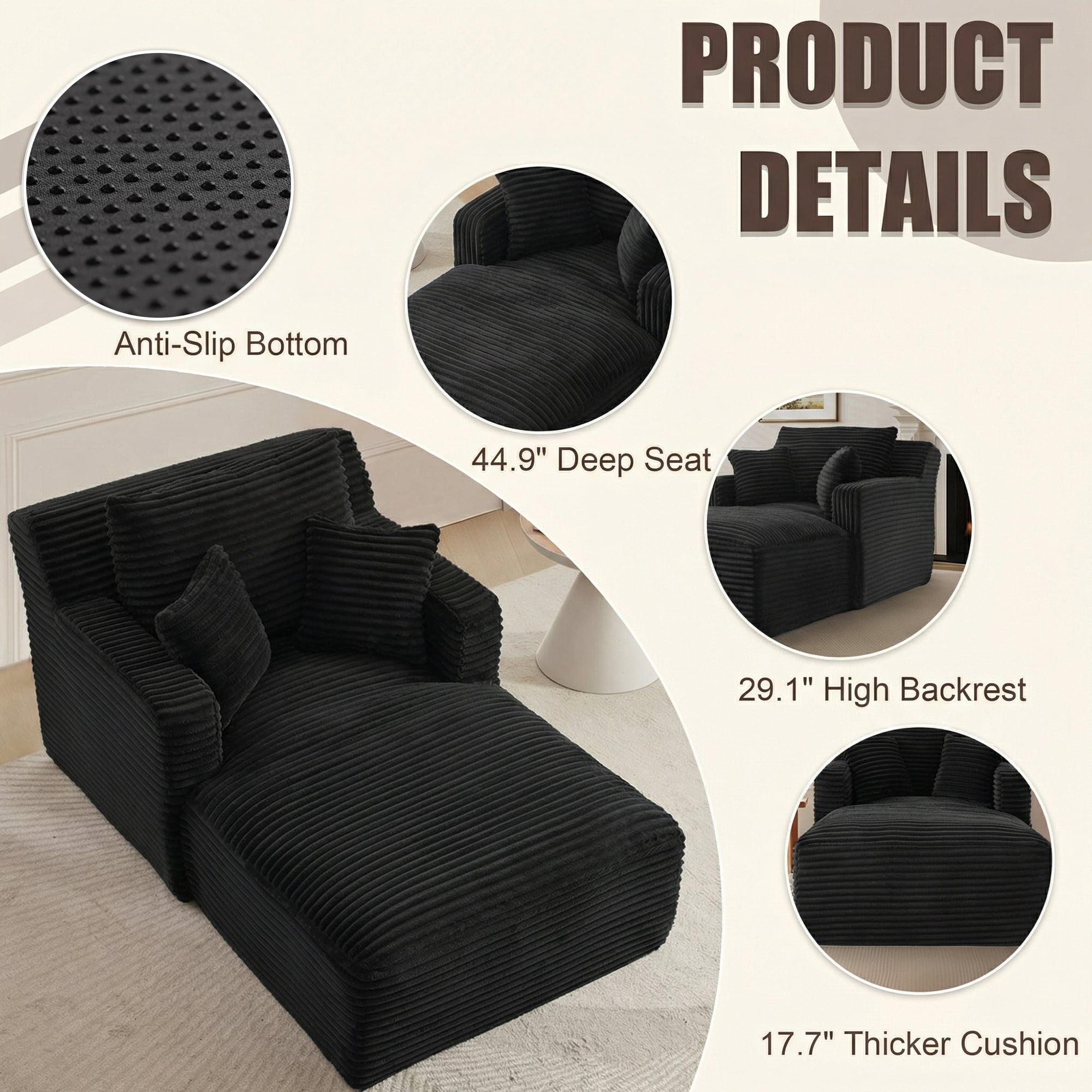 Kosynda 65"D Oversized Chaise Lounge Chair Indoor, Corduroy Upholstered Boneless Sofa Bed with 3 Pillows for Living Room, Black