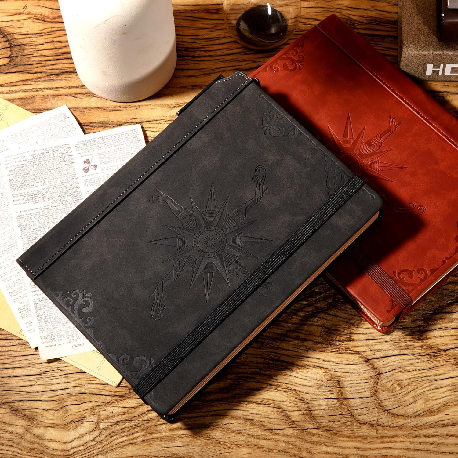 Compass Leather Notebook Journal for Men, 100 GSM 288 Pages Lined Journals for Writing, A5 Hardcover Journaling Notebooks Gift Set with Pen for Travel Office Daily Writing