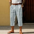 thumbnail image 4 of Favoffer Men Linen Cropped Pants Vertical Stripe Pattern Elastic Waist Waistband Button Fly Closure Side Pockets Capri Pants for Daily Walking Casual Outdoor, 4 of 9