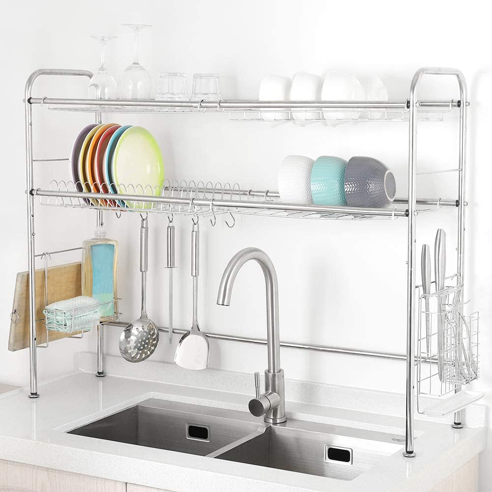 Details about   2Tier Adjustable Dish Rack Over The Sink Dish Drainer Dryer Kitchen Shelf Holder