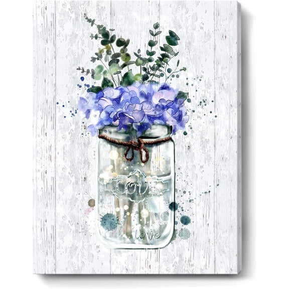 Bathroom Decor Canvas Wall Art Blue Purple Flower Bouquet in Vase Love Theme Floral Picture Framed Botanical Print for Bedroom Kitchen Farmhouse Rustic Wooden Board Painting Artwork 12x16inch