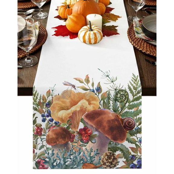Table Runner Dresser Scarves 60 Inch Long,Vintage Watercolor Mushroom Berry Linen Dining Table Runners Nature Botanical Leaves on White Tabletop Scarf for Wedding Holiday Party Kitchen