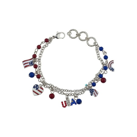Lux Accessories Silver Tone American Flag Heart USA Map July 4th Beads Bracelet