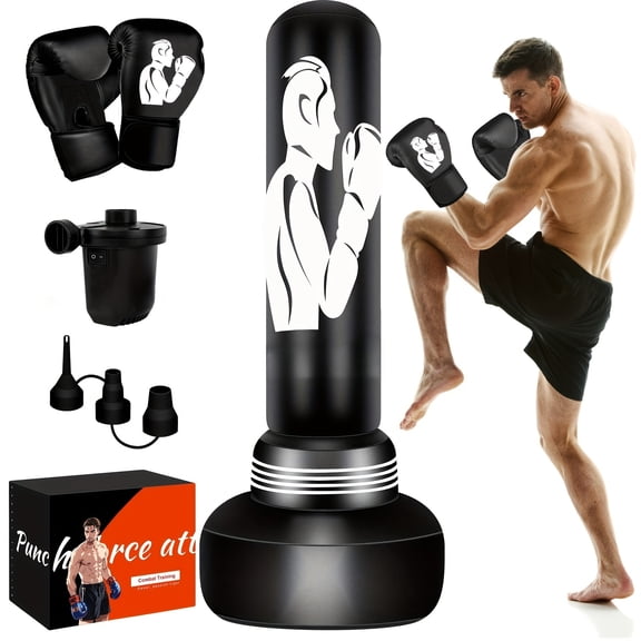 Heavy-duty boxing bag with stand, suitable for adults, 70" freestanding boxing bag, with boxing gloves and electric air pump, inflatable boxing bag for boys, girls and teenagers training MMA Muay Tha