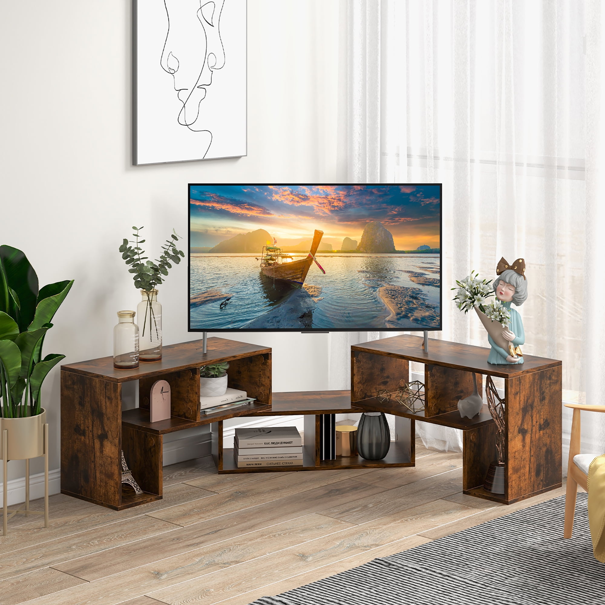 Costway TV Console Stand, 3 Pieces, Adjustable Modern Brown