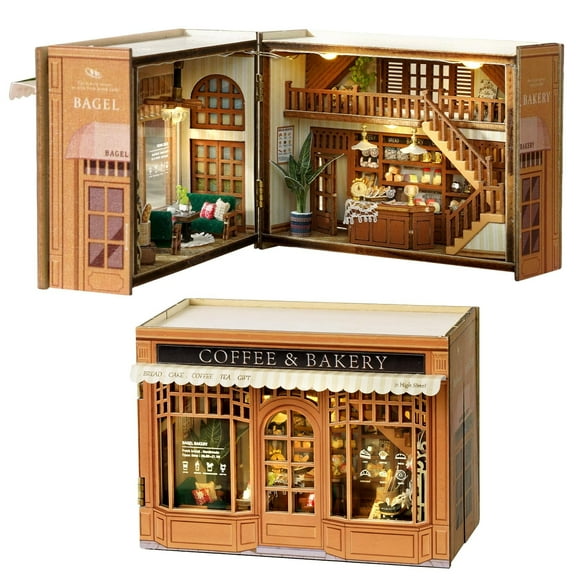 DIY Miniature House Kit, MOJINO Mini House Kit for Adult to Build, Wooden Dollhouse Making Kit with Furniture, Christmas Birthday Gifts- Bagel Time