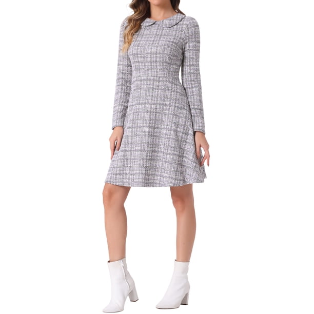 INSPIRE CHIC Vestido Vintage de Tweed con Cuello Peter Pan de Manga Larga en Cuadrícula de Mujer XL Púrpura