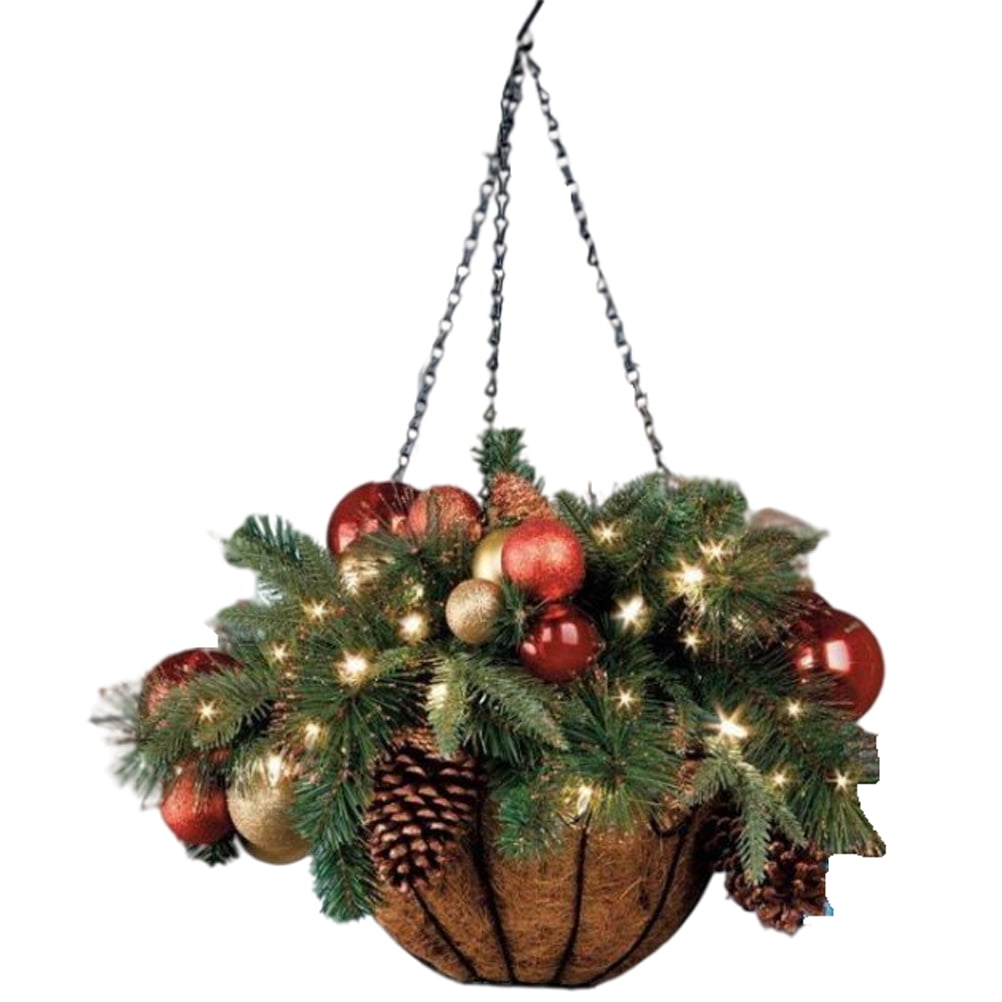 Worallymy Artificial Christmas Hanging Basket with Pine Cones Red