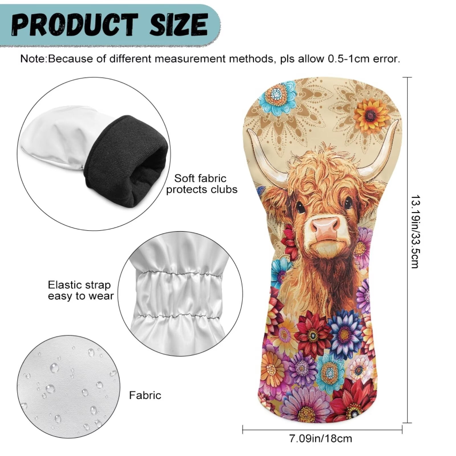 Uorisanigo Golf Club Head Covers Set - PU Leather Boho Floral Highland Cow Golf Club Covers for Driver, Woods and Hybrid, Premium Lightweight Head Cover with Anti-Scratch Protection