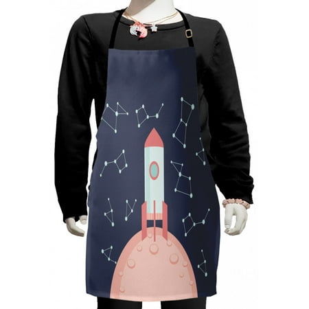 

Outer Space Kids Apron Cartoon Style Funny Rocket on Planet with Constellation Dots Lines Boys Girls Apron Bib with Adjustable Ties for Cooking Baking Painting Blush Coral Dark Indigo by Ambesonne