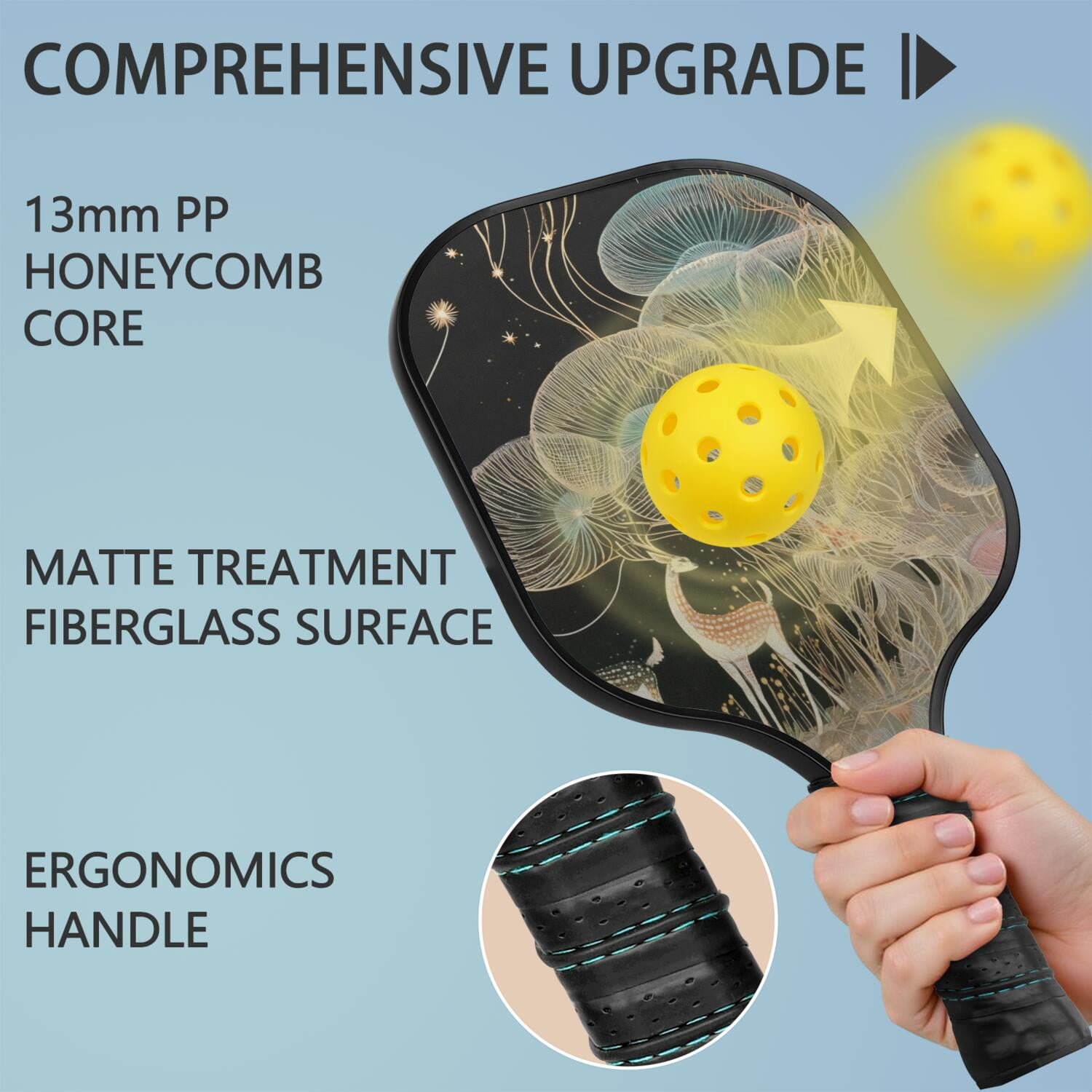 Pickleball Paddles Set Of 2, Fiberglass Surface, Mysterious Fairyland Print, 4 Balls & Bag