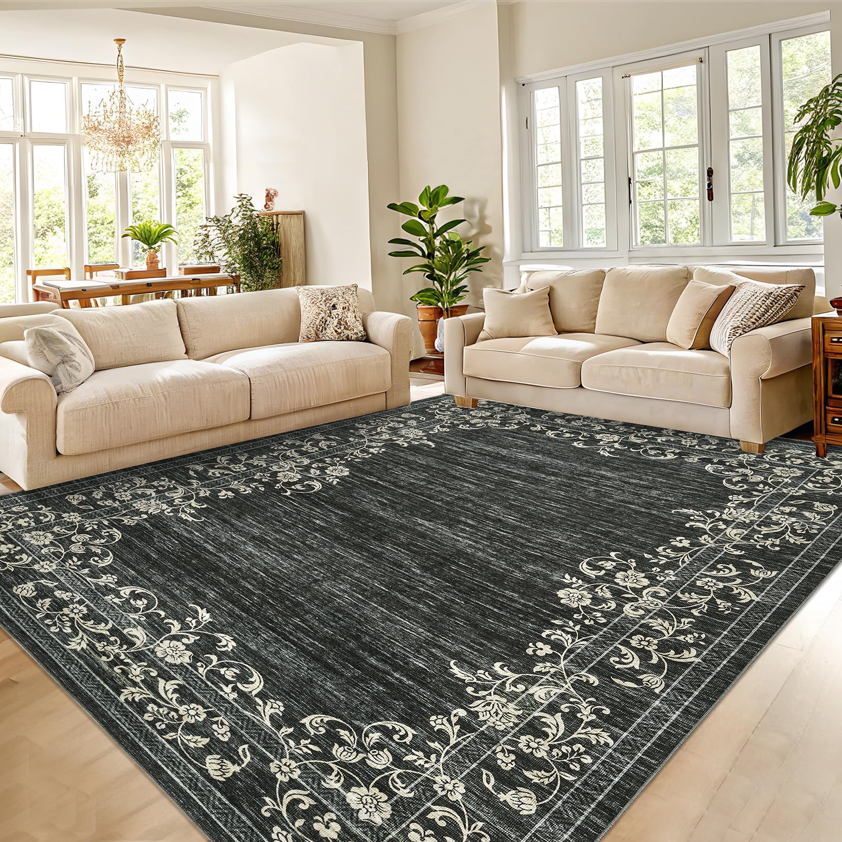 Hasoo Modern Washable Indoor Carpet 8' x 10' Black Area Rug for Living Room Geometric Border Floral Pattern Non-slip polyester Room Decor Rug