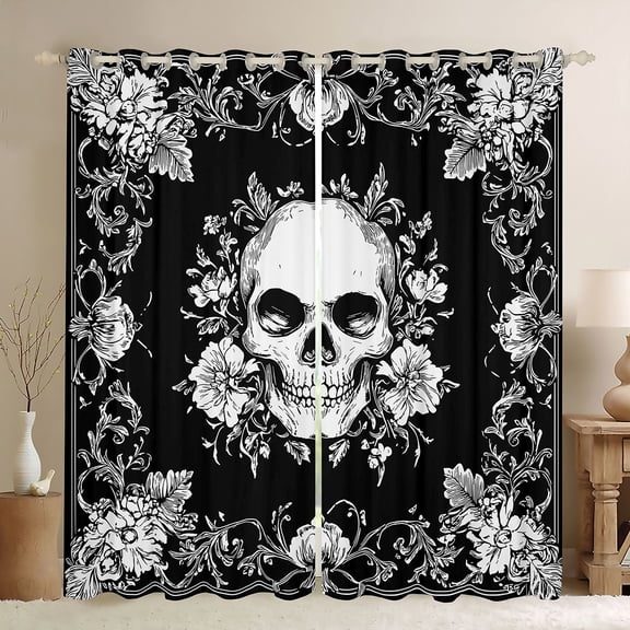 jejeloiu Spooky Gothic Blackout Curtains Set of 2 (52x84 Each),Skull Flower Pattern Window Curtains,White Black Curtains and Drapes For Men Women,Super Cozy Room Decor
