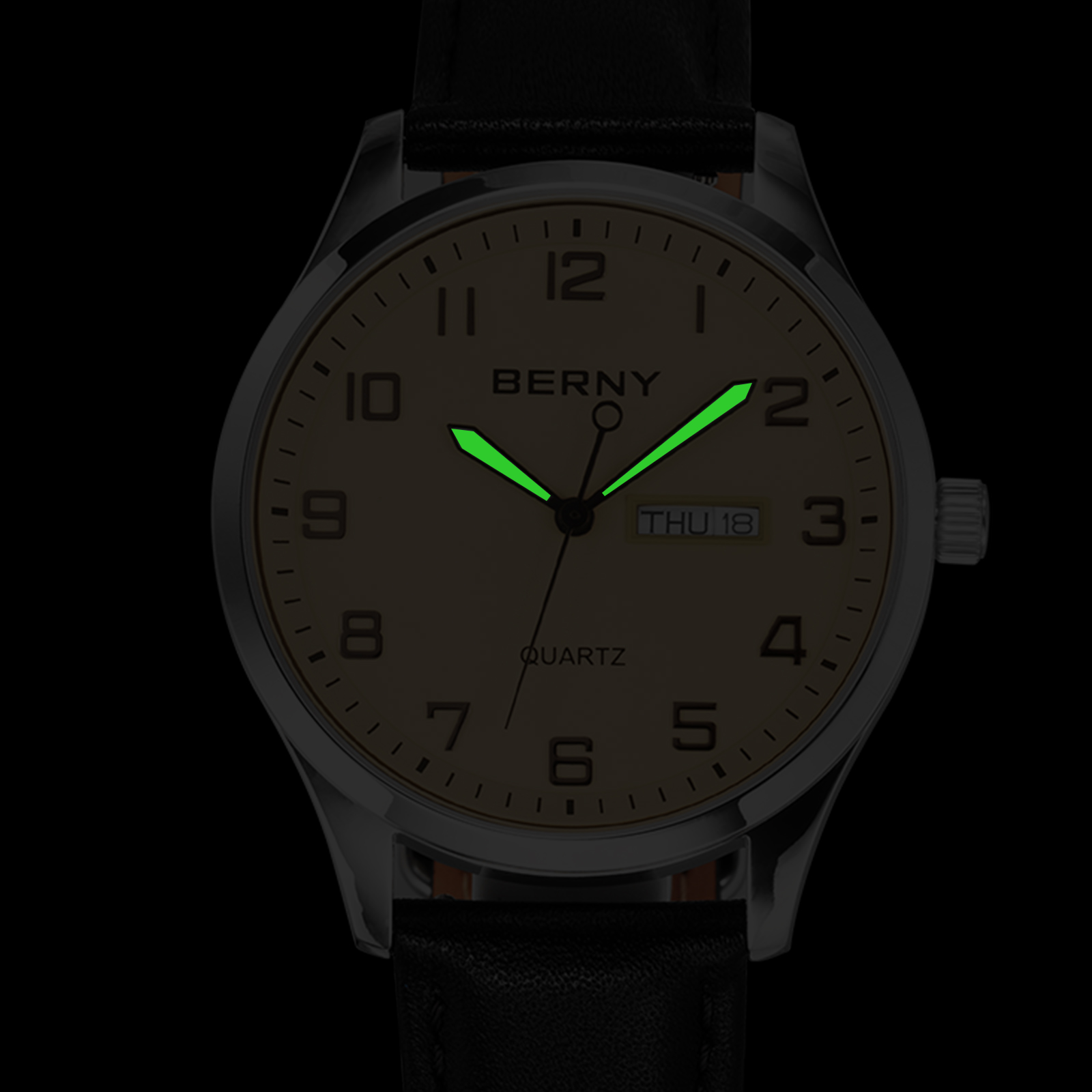 BERNY Modern Quartz Watch for Men Casual Easy Read Wristwatch with Arabic Numeral Watch Dial, Genuine Leather Strap and Day & Date Calendar-Gray Dial