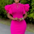thumbnail image 2 of AURA Women’s Beaded Bodycon Midi Dress Ruffle Short Sleeves Half High Neck Zipper Solid Color S-5XL, 2 of 7