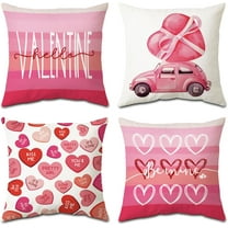 4 Pcs Valentines Day Pillow Covers 18x18, Pink Car Love Hearts Be Mine Valentines Day Decor, Holiday Pillow Covers Decorations for Couch Sofa Living Room (Pink)