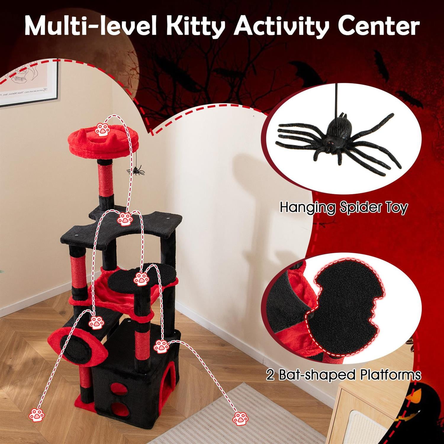 Pefilos Gothic Cat Tree, Plush Perch & Spider Dangling Toy, Condo & Sisal Scratching Posts, Black & Red