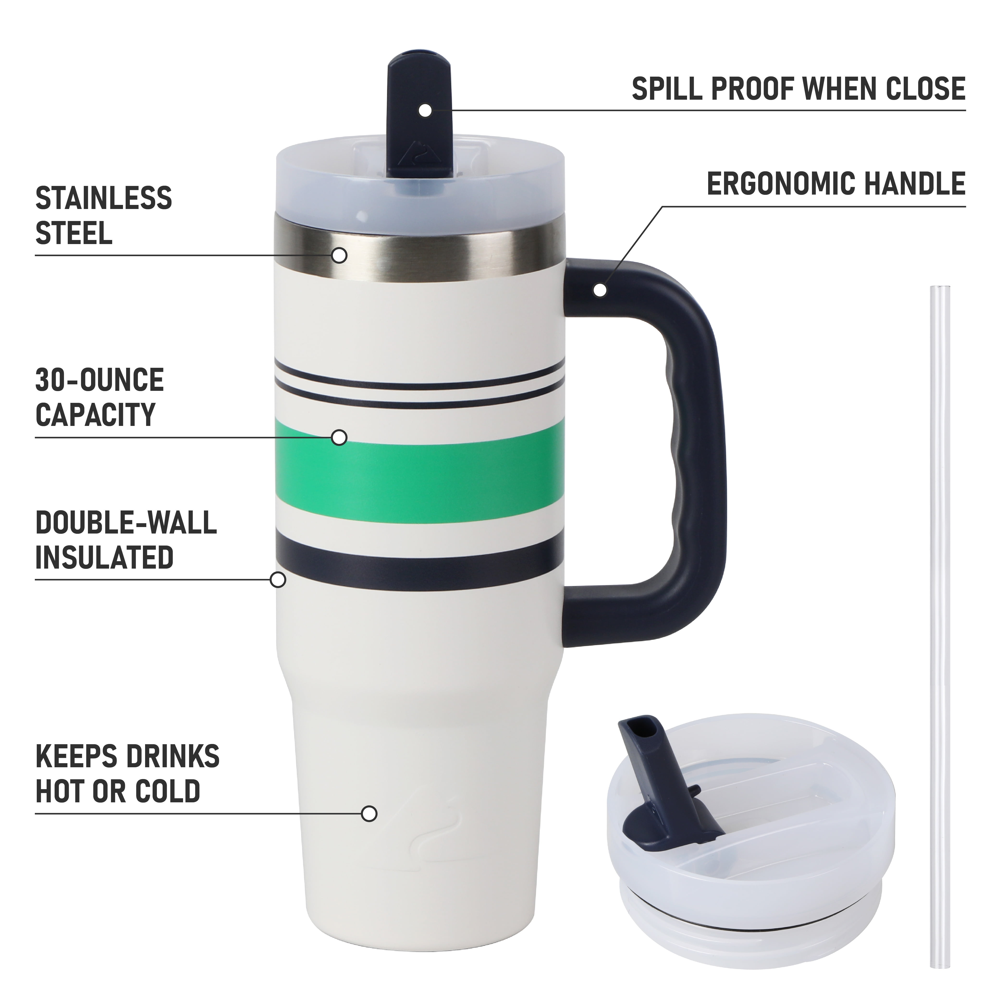 Ozark Trail 30 oz Stainless Steel Insulated Varsity Tumbler with Handle, White with Green Stripe