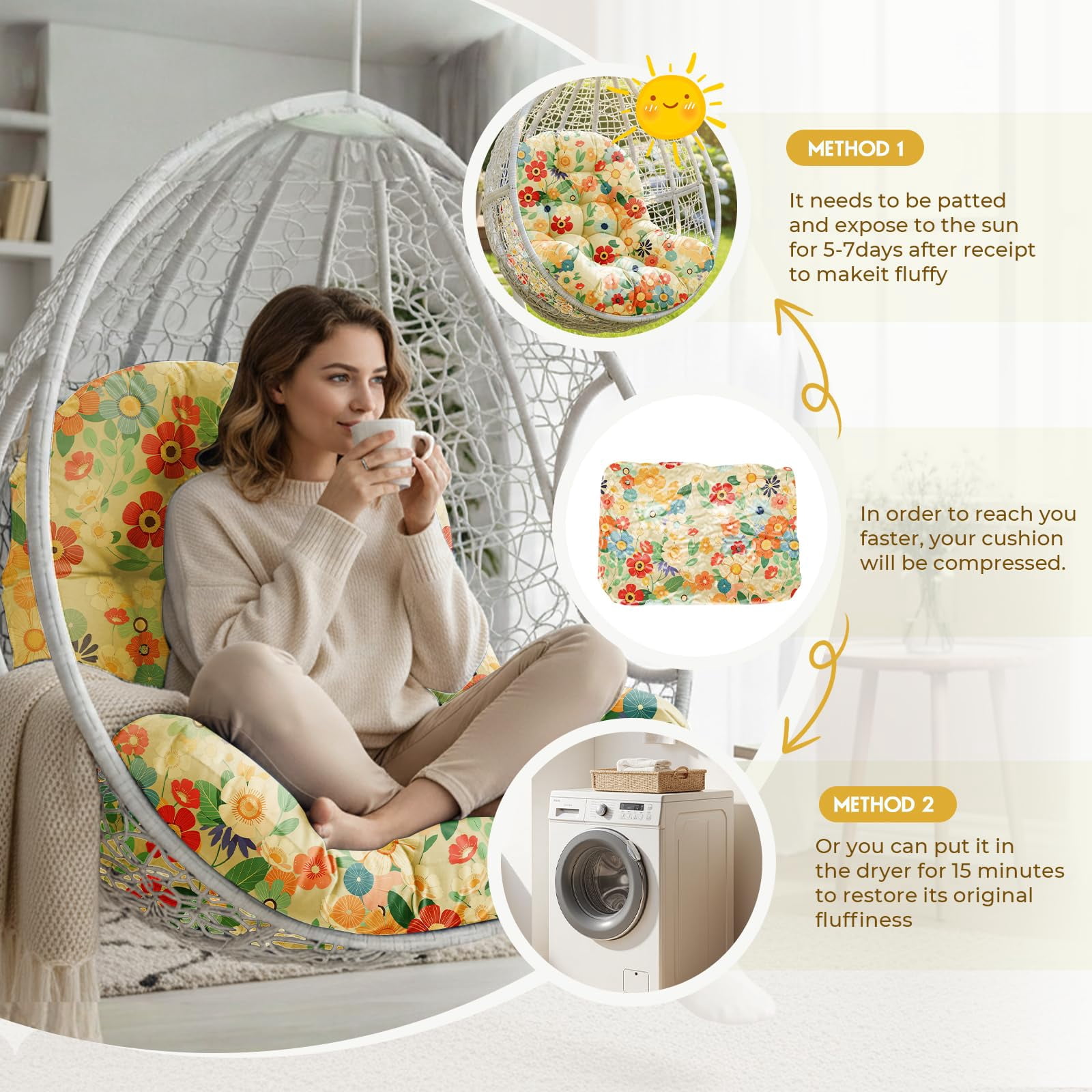 Waterproof Egg Chair Cushion Replacement Outdoor Hanging Egg Chair Cushion 47x35x7 Inches Thicken Couch Cushions with Ties, Blue Enchantress