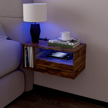 Floating Nightstand with Charging Station and LED Lights, Floating Bedside Table with Drawers Wall Mounted Nightstands,for Bedroom Room, 21.3" x 11.8" x 10",Rustic Brown