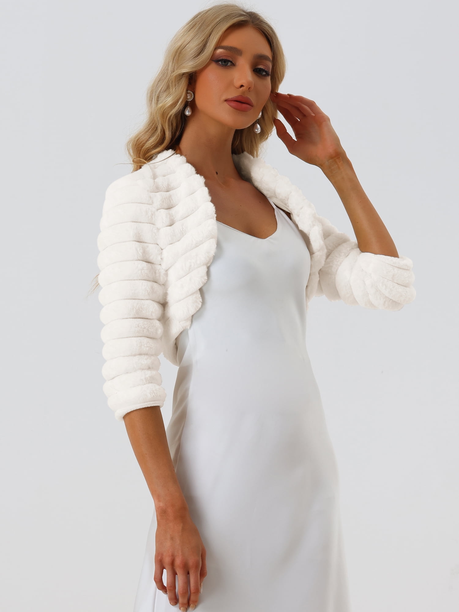 DARING DIVA Cropped Jacket  Open Front Bolero Faux Fur Shrug XL White