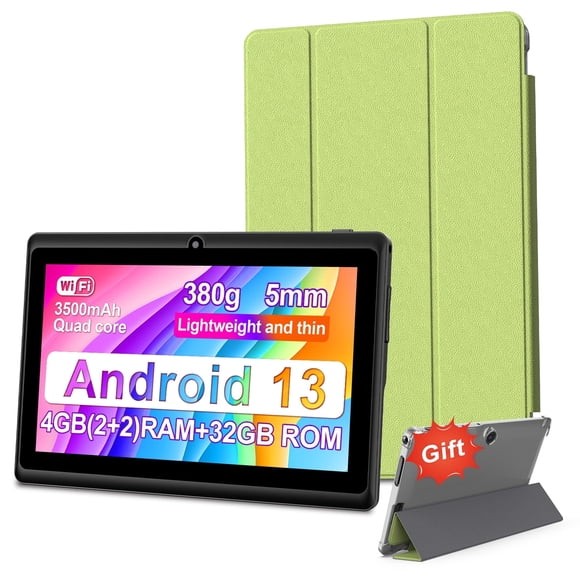 7 inch Tablet Android 13 Tablets with Case, 4GB+32GB+1TB Expand, Quad-Core, WiFi6, 3500mAh Battery, Dual Camera, Green