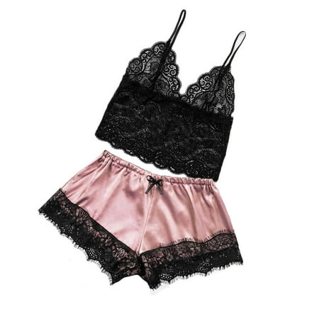 

KDDYLITQ Womens Nightwear Lingerie Pj Set Lace Sexy Cami Crop Top and Shorts Sets Pajamas Set Two-Piece Sleepwear Lounge Pink L