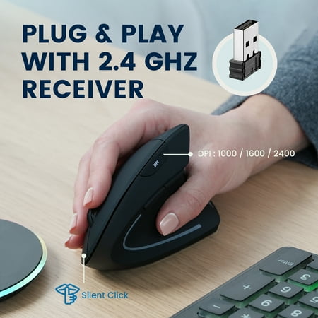 Perixx PERIMICE-713RX Wireless Rechargeable Vertical Mouse - Duo Wired and Wireless Charging Feature - Wireless Charging Pad Included - 6 Buttons Design - Black - Right-Handed Design