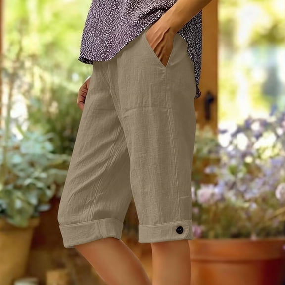 uublik Shorts for Women Casual Long Knee Length High Waisted Stretch Wide Leg Short Pants Beige