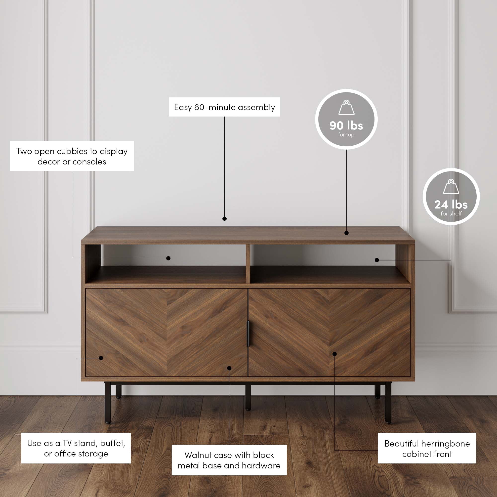 Nathan James Izsak Walnut Media Console, TV Stand Cabinet with Storage for Living Room, Dining Room or Entryway