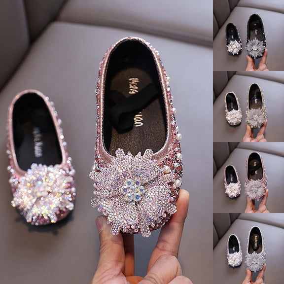SGFCWSX Girls Dress Shoes Kids Rhinestone Flower Pearl Sparkly Wedding Party Flower Girl Shoes Pink Size 13 Little Kids