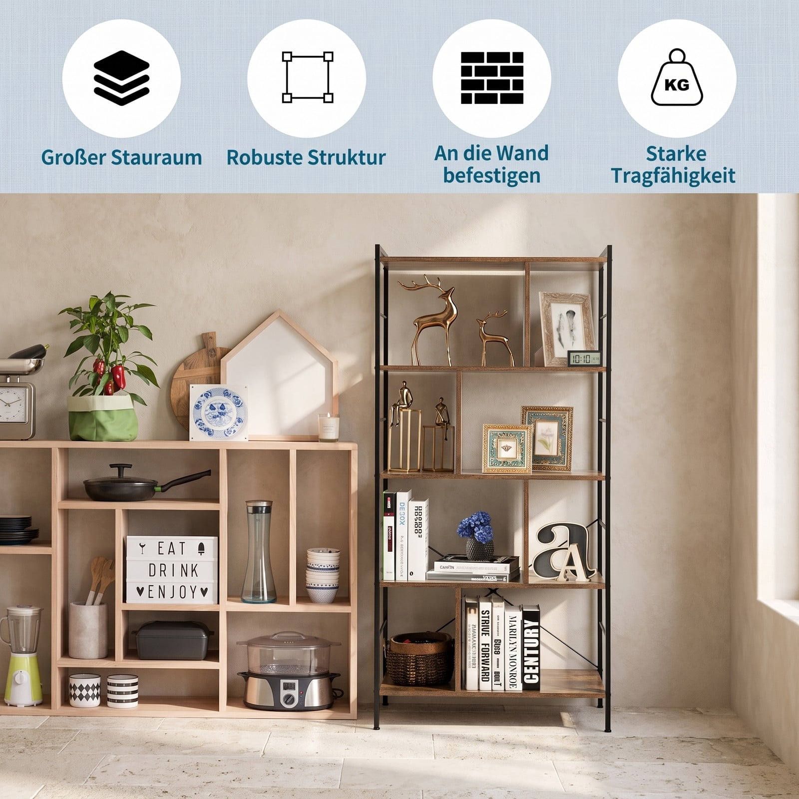 Furnibear 4-Tier Industrial Freestanding Bookshelf, Wood and Metal Frame Bookcase Open Storage Shelf with Anti-Toppling Device for Living Room Bedroom, Rustic Brown