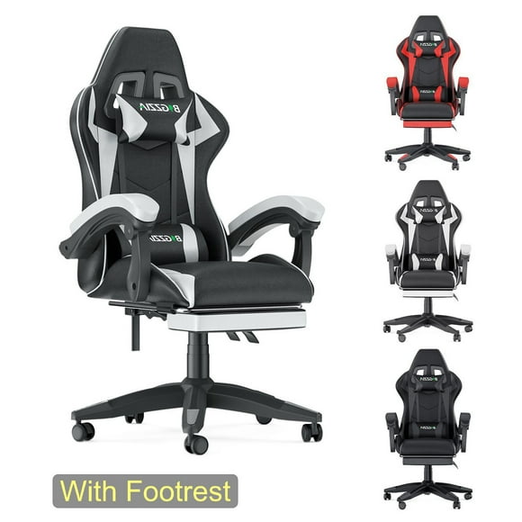Bigzzia Gaming Chair with Footrest, Computer Chair with Lumbar Support Height Adjustable with 360°-Swivel Seat and Headrest for Office or Gaming(White)