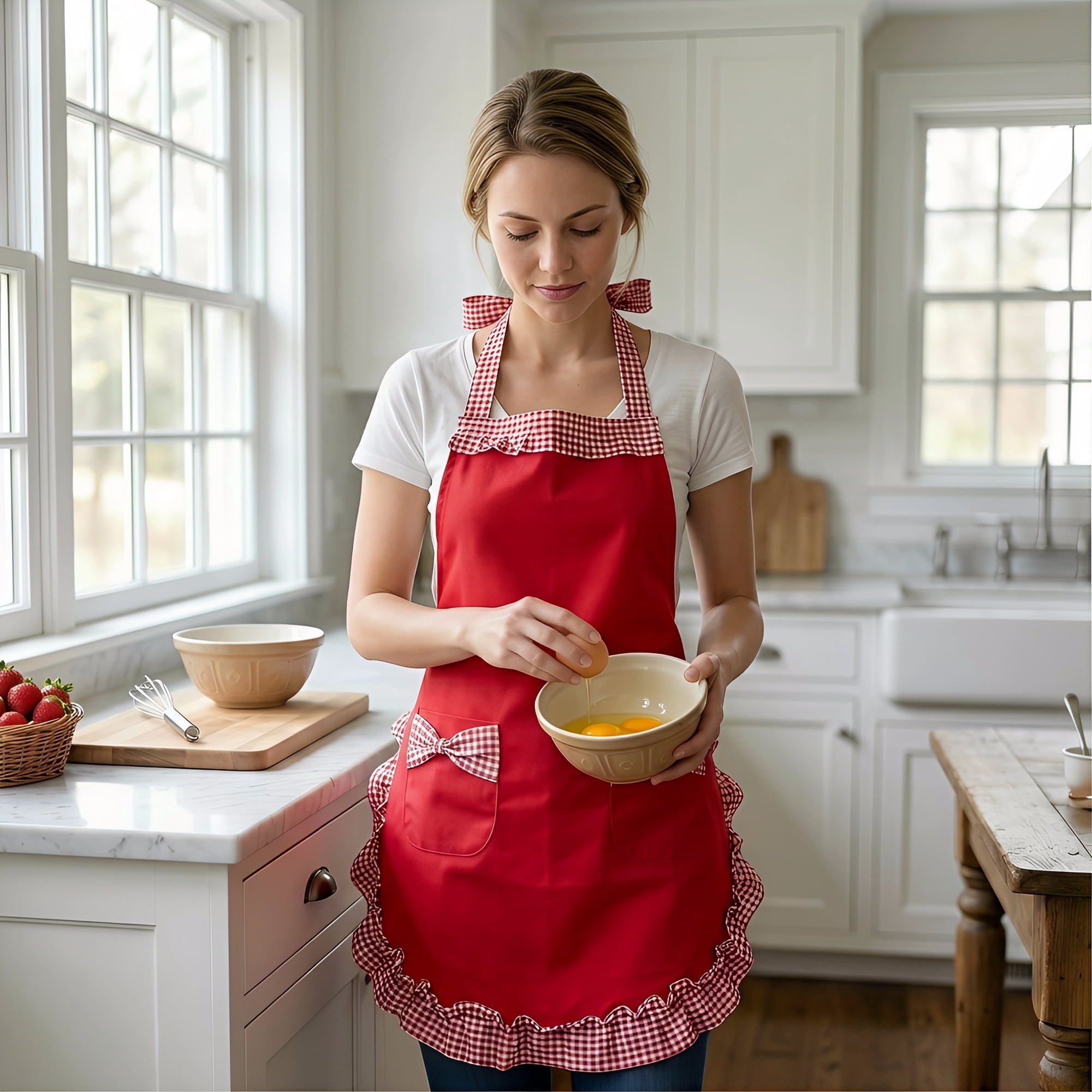 Unique Bargains Maid-style Durable Polyester Aprons with Pockets 25.4x28in Red