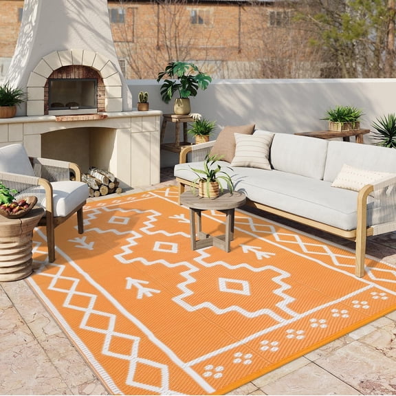 Moynesa Outdoor Rug Waterproof, 5'x8' Lightweight Plastic Straw Rug for Camping RV, Reversible Boho Carpet Outside Rug for Patio Picnic Deck Porch Balcony Tent, Orange