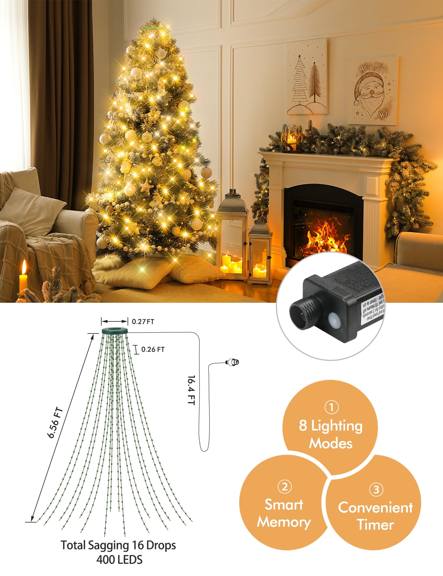 Remote+Warm White Solar Waterfall String Light Christmas Tree