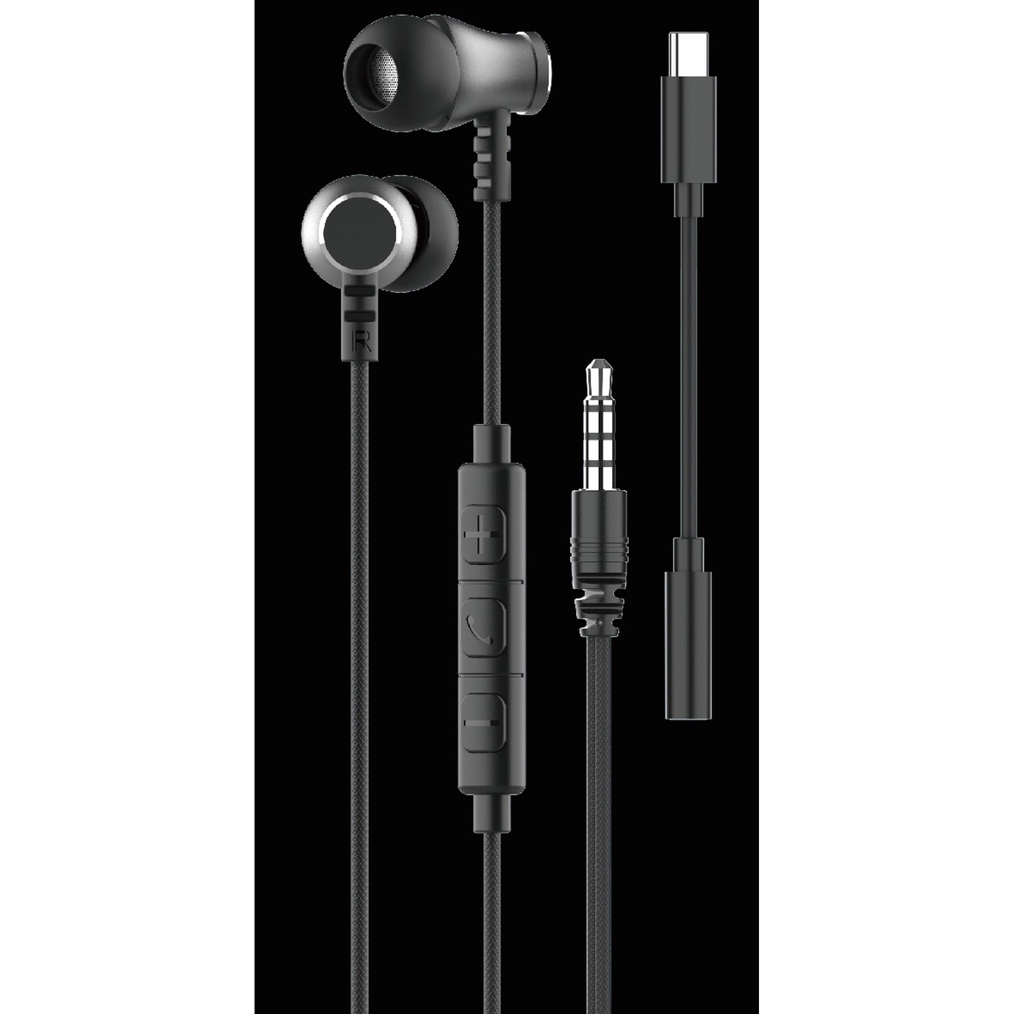 Black Wired Earphones with Mic and USB-C Adapter, 3.5mm Jack