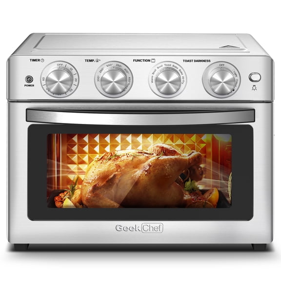 Geek Chef Air Fryer Toaster Oven 26 QT, Large AirFryer Convection Countertop Oven Combo with Easy Bake, Roast, Broil, Warm, 6 Slice Toast 7-in-1 Functions, 3 Layers with 4 Accessories,Stainless Steel