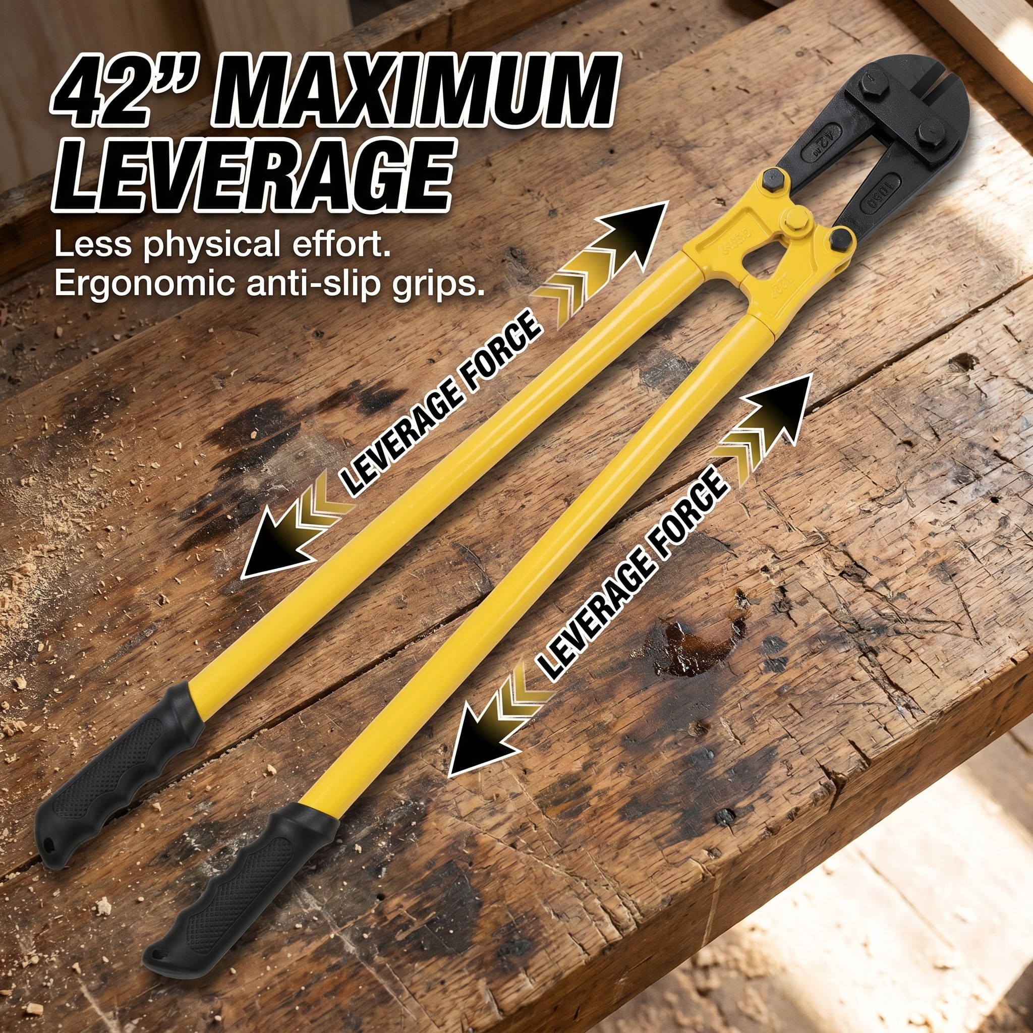 42 Inch Bolt Cutter Heavy Duty, Forged Steel Jaws, Long Handle Chain Cutter for Fence, Steel Wire, Screws, Rivets & Medium Padlocks, Yellow Metal Cutter with Ergonomic Rubber Grip