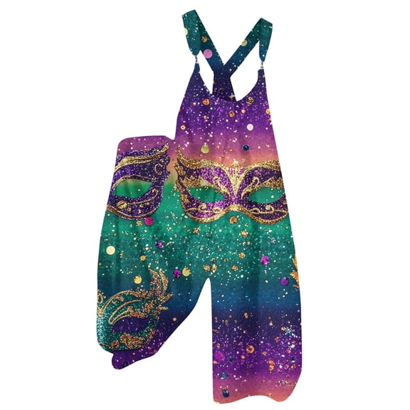 Fgvctg Mardi Gras Women's Jumpsuit Sleeveless Carnival Party Spaghetti Straps Overalls Cute Wide Leg Pant Mask Graphic Bib Overalls Rompers Sprimg Pant With Pockets Light Purple M