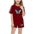 thumbnail image 2 of Butterfly and Checkered Sleeve Outfit Sets for Girls Boys - Soft Breathable Summer 2-Piece Shorts and Top , Ages 5-14, Wine, 2 of 8