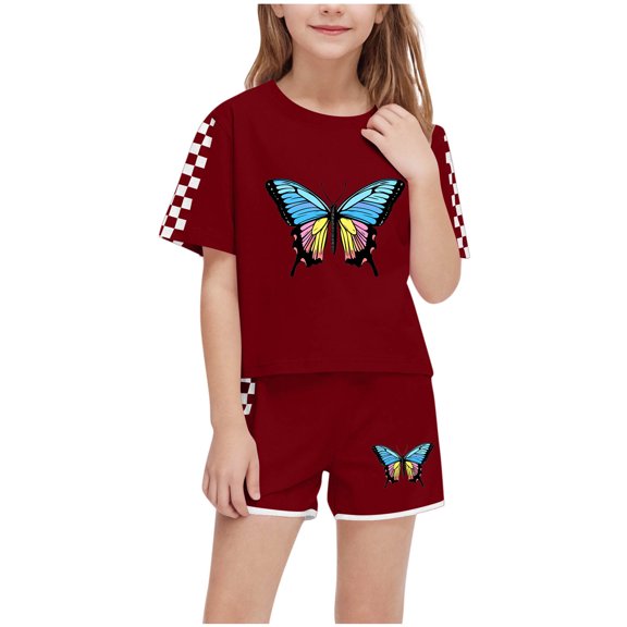 Lopeceal Summer Girls 2 Piece Outfits Printed Crew Neck Loose Short Sleeve Top and Tie Front Shorts Casual Everyday 5-14Y