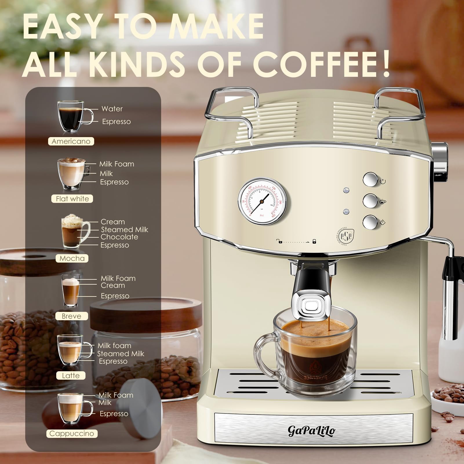 20 Bar Espresso Machine with Milk Frother, ESE Pod Compatible, Pressure Gauge, 54 oz Food-Grade PP Removable Water Tank, Ideal for Home Barista,Griege